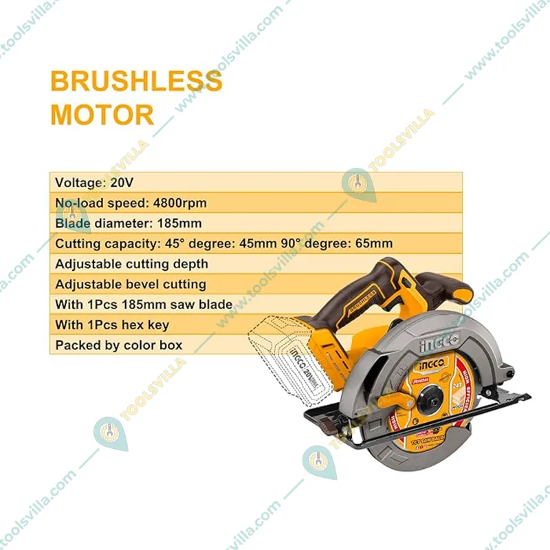 Ingco 185 mm 20V Lithium-Ion Cordless Circular Saw with Cutting Blade, 4800 RPM (CSLI1851)