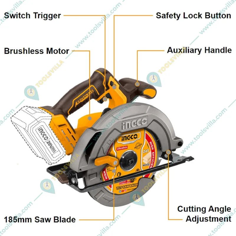 Ingco 185 mm 20V Lithium-Ion Cordless Circular Saw with Cutting Blade, 4800 RPM (CSLI1851)