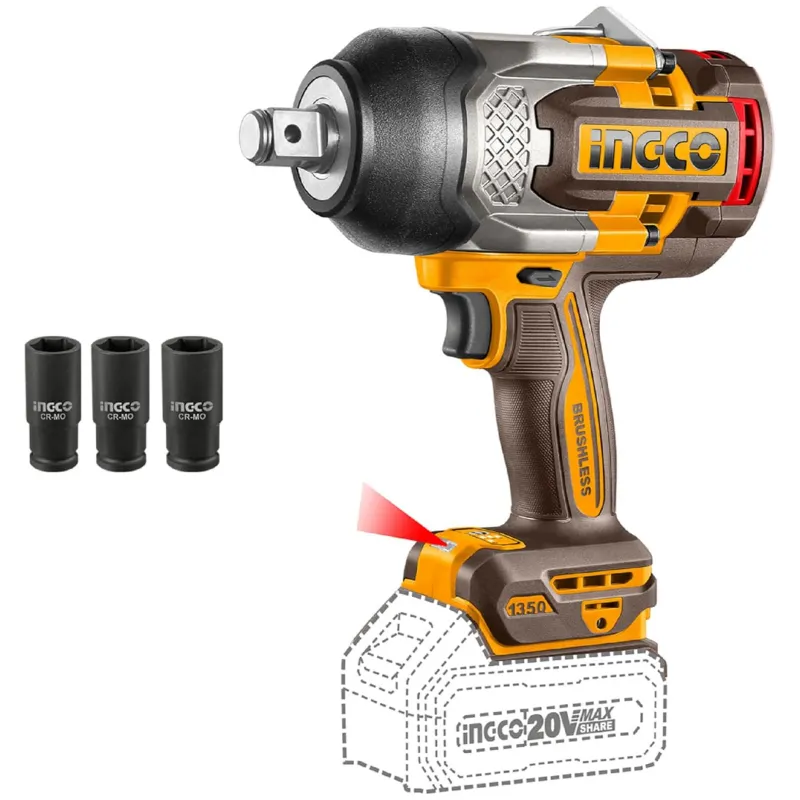 Ingco 3/4" 20V Cordless Brushless Impact Wrench With Max. Torque 1350 Nm & Socket Set, 1800 RPM (CIWLI201351)