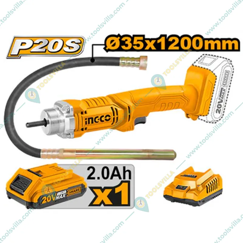 Ingco 20V Cordless Concrete Vibrator With Battery & Charger, 2300 RPM (CCVLI2023011)