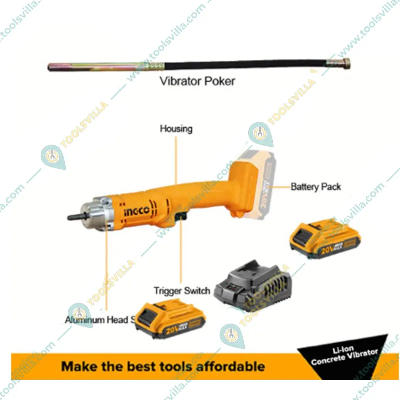 Ingco 20V Cordless Concrete Vibrator With Battery & Charger, 2300 RPM (CCVLI2023011)