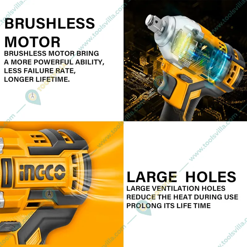 Ingco 1/2" 20V Lithium-Ion Cordless Impact Wrench With Variable Speed Function & Socket Set, Max. Torque 500 N.m (CIWLI20501)