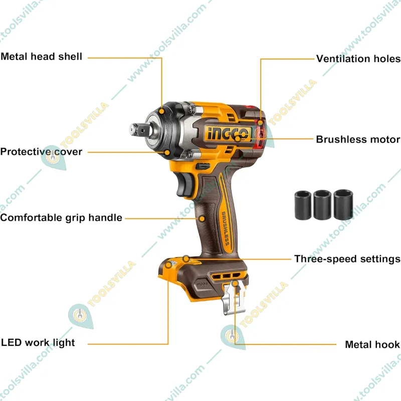 Ingco 1/2" 20V Lithium-Ion Cordless Impact Wrench With Variable Speed Function & Socket Set, Max. Torque 500 N.m (CIWLI20501)