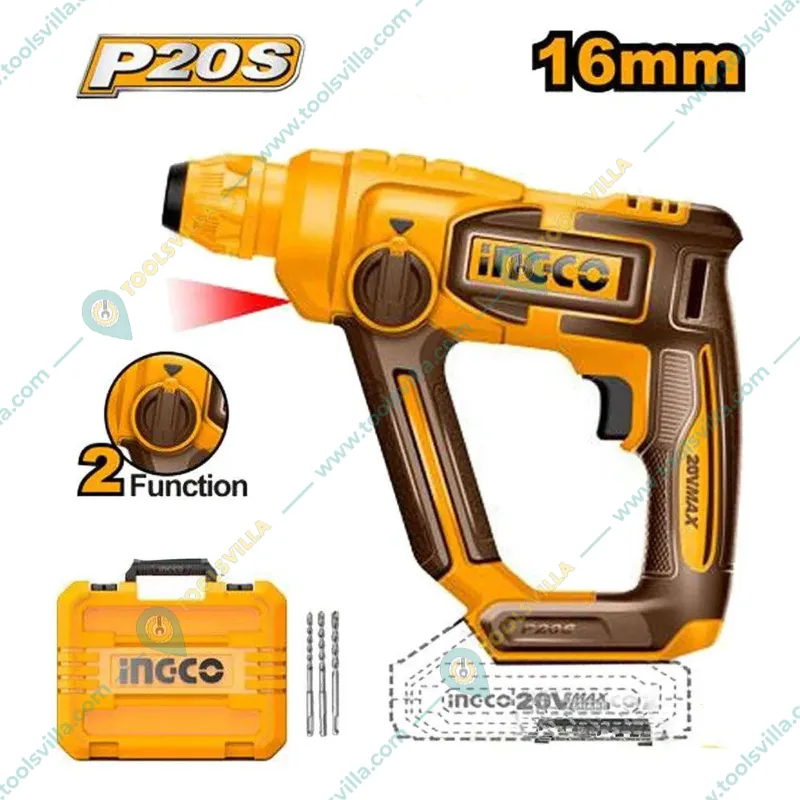 Ingco 16 mm 20V Li-Ion Cordless Rotary Hammer Drill with Drill Bits, 850 RPM (CRHLI20168)