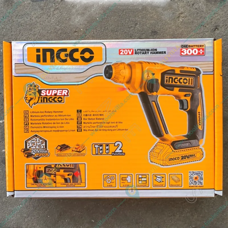 Ingco 16 mm 20V Li-Ion Cordless Rotary Hammer Drill with Drill Bits, 850 RPM (CRHLI20168)
