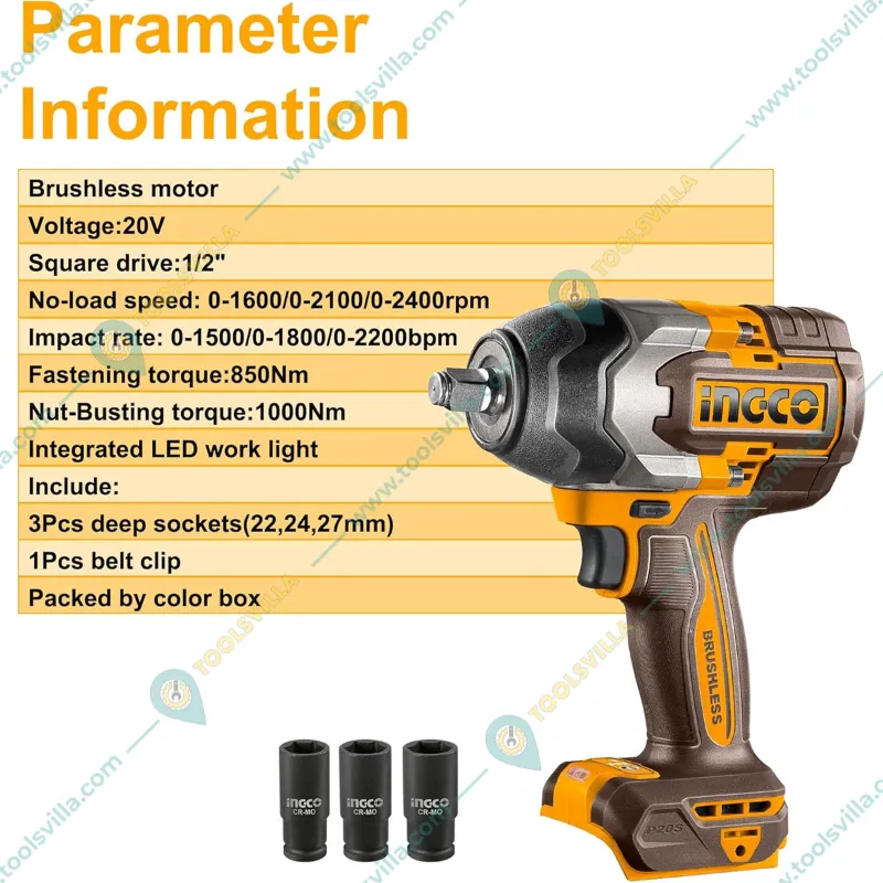 Ingco 1/2" 20V Lithium-Ion Cordless Impact Wrench With Sockets Set, Max. Torque 850 N.m  (CIWLI20851)