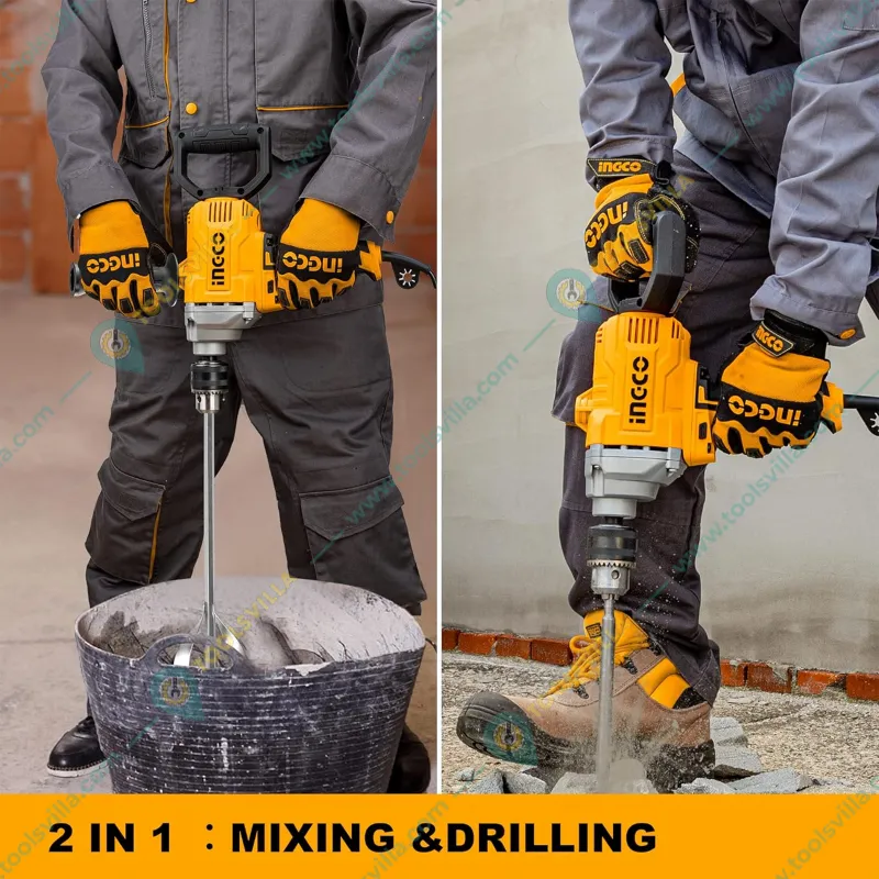 Ingco 1100 Watt 2 In 1 Drill Cum Mixer with Forward/Reverse Function & Suitable for Mixing Cement, Paint (MX11008)