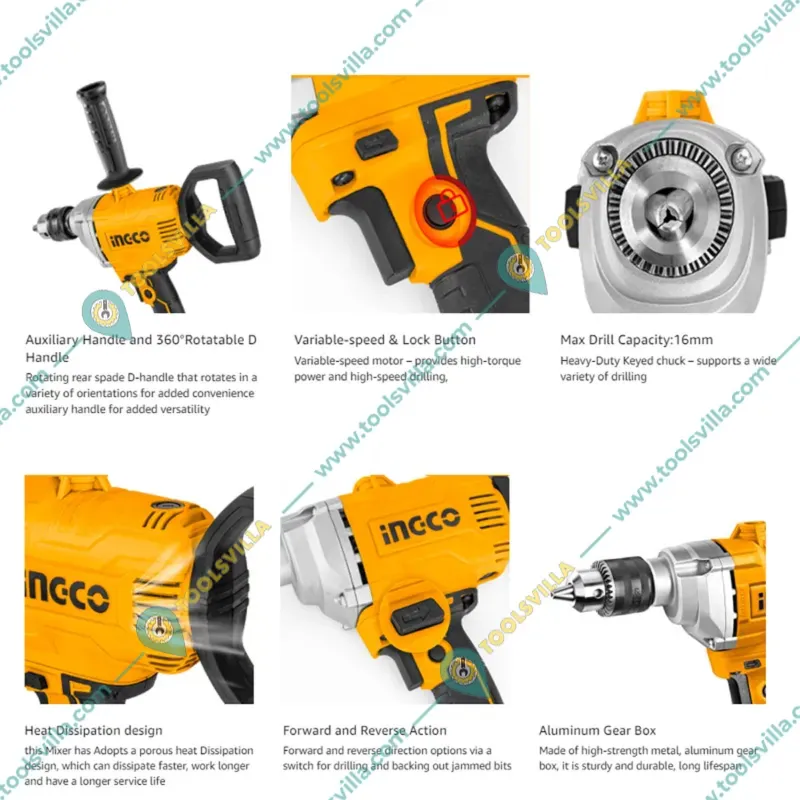 Ingco 1100 Watt 2 In 1 Drill Cum Mixer with Forward/Reverse Function & Suitable for Mixing Cement, Paint (MX11008)