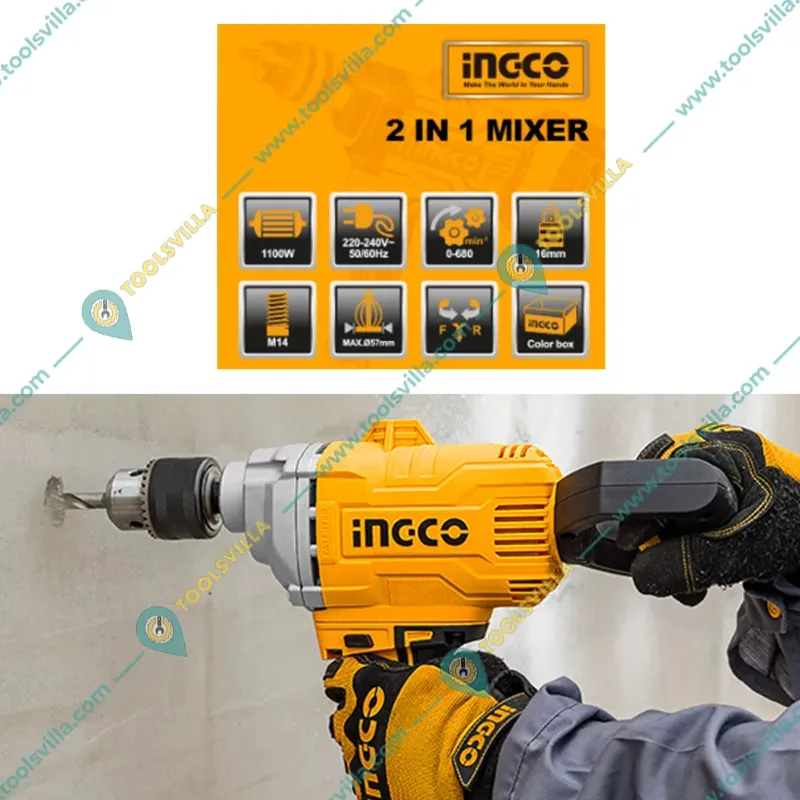 Ingco 1100 Watt 2 In 1 Drill Cum Mixer with Forward/Reverse Function & Suitable for Mixing Cement, Paint (MX11008)