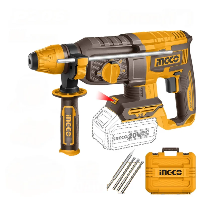 Ingco 26mm 20V Cordless Brushless Rotary Hammer With Drill Bits & Chisel, 0-1100 RPM (CRHLI20268)