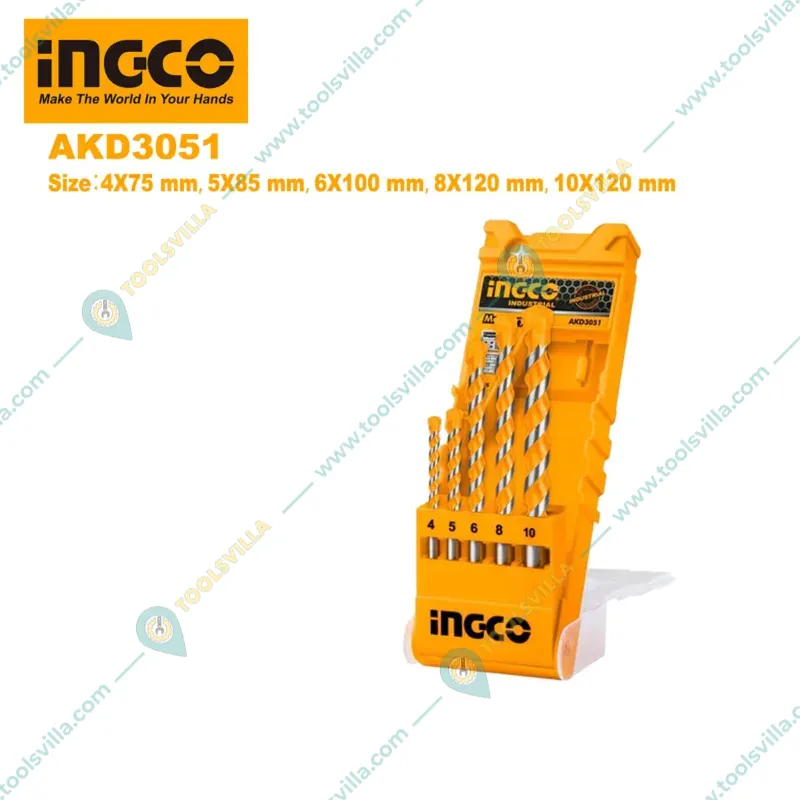 Ingco 5 Pcs Masonry Drill Bits Set 4mm, 5mm, 6mm, 8mm, 10mm, With Plastic Box - AKD3051 (Pack Of 1)