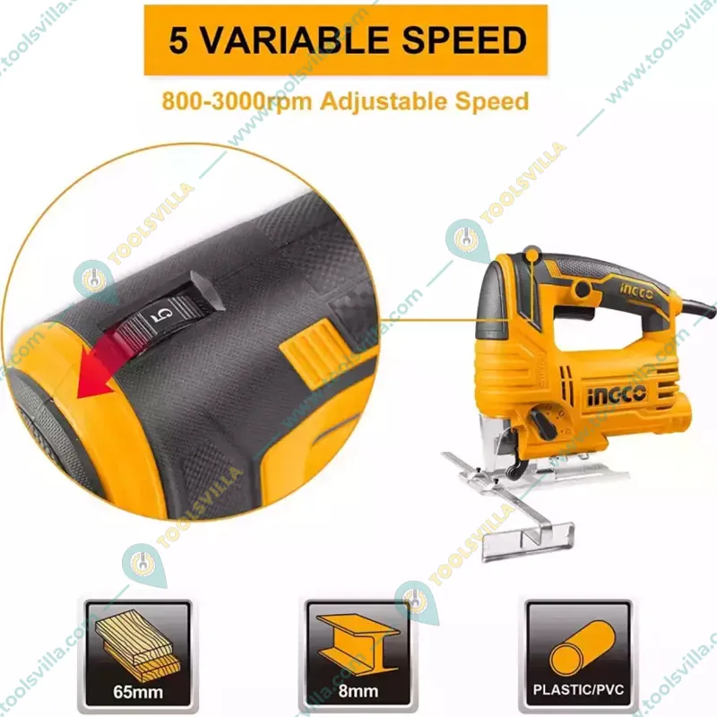 Ingco 65 mm 570 Watt Jig Saw Machine With 3 pcs saw blades, 3000 RPM (JS57028)
