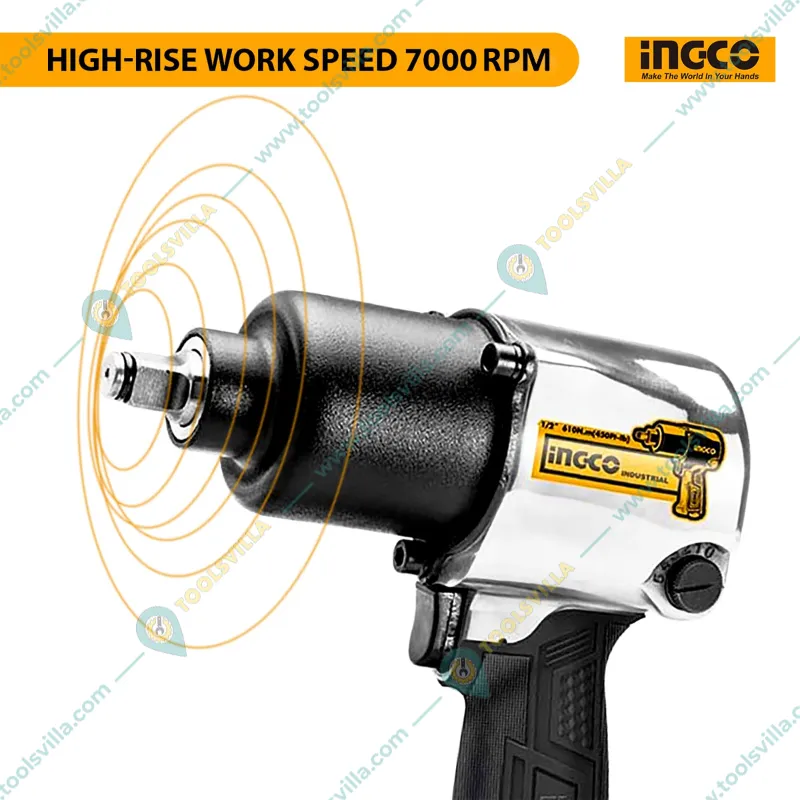 Ingco 1/2 Inch Air Impact Wrench With 6.2 Bar Pressure, 7000RPM, 610 Nm Max. Torque (AIW12562)
