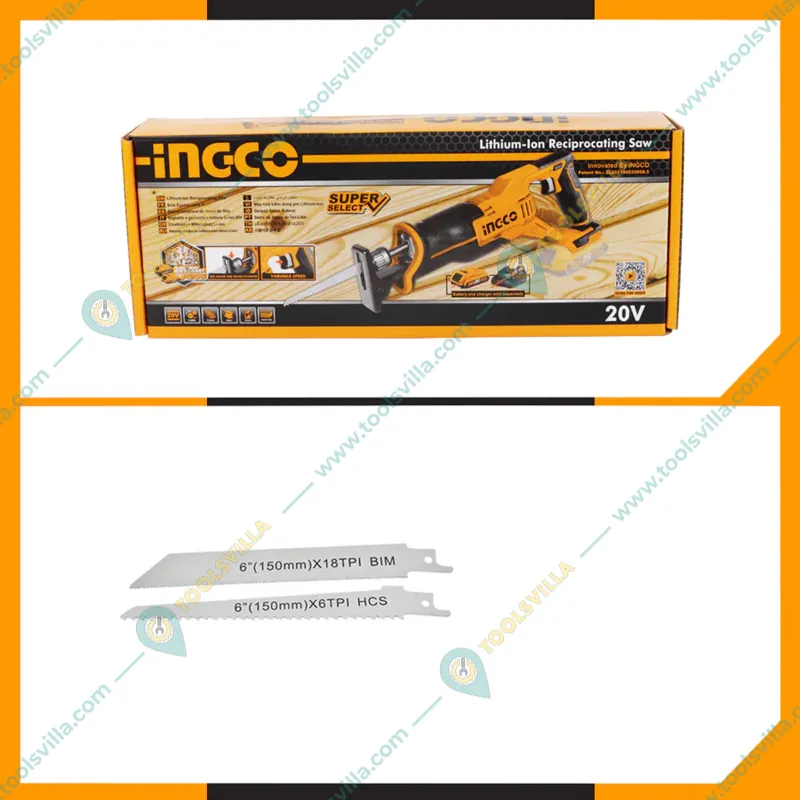 INGCO 115 mm 20V Cordless Lithium-Ion Reciprocating Saw with 2 pcs Blade for Metal and Wood Cutting, 2800 RPM (CRSLI1152)