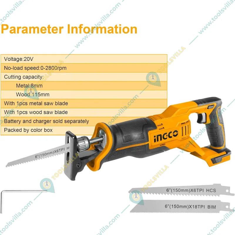 INGCO 115 mm 20V Cordless Lithium-Ion Reciprocating Saw with 2 pcs Blade for Metal and Wood Cutting, 2800 RPM (CRSLI1152)