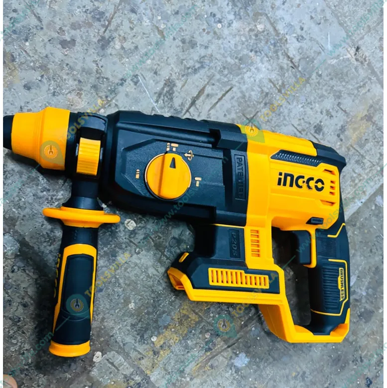 INGCO 26mm 20 V Lithium-Ion Cordless Rotary Hammer With Drill Bits & Chisel, 1100 RPM (CRHLI20228)