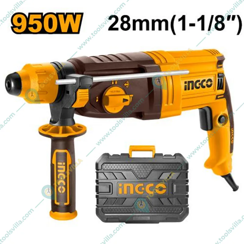 Ingco 28mm 950 Watt, 2.5J Impact Energy Rotary Hammer With Drill Bits & Chisel, 1050 RPM (4670 BPM) (RGH9528)