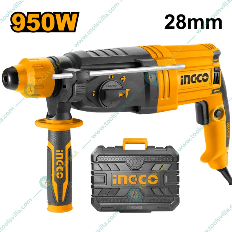 Ingco 28mm 950 Watt, 2.5J Impact Energy Rotary Hammer With Drill Bits & Chisel, 1050 RPM (4670 BPM) (RGH9528)