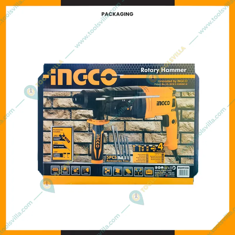 Ingco 28mm 950 Watt, 2.5J Impact Energy Rotary Hammer With Drill Bits & Chisel, 1050 RPM (4670 BPM) (RGH9528)