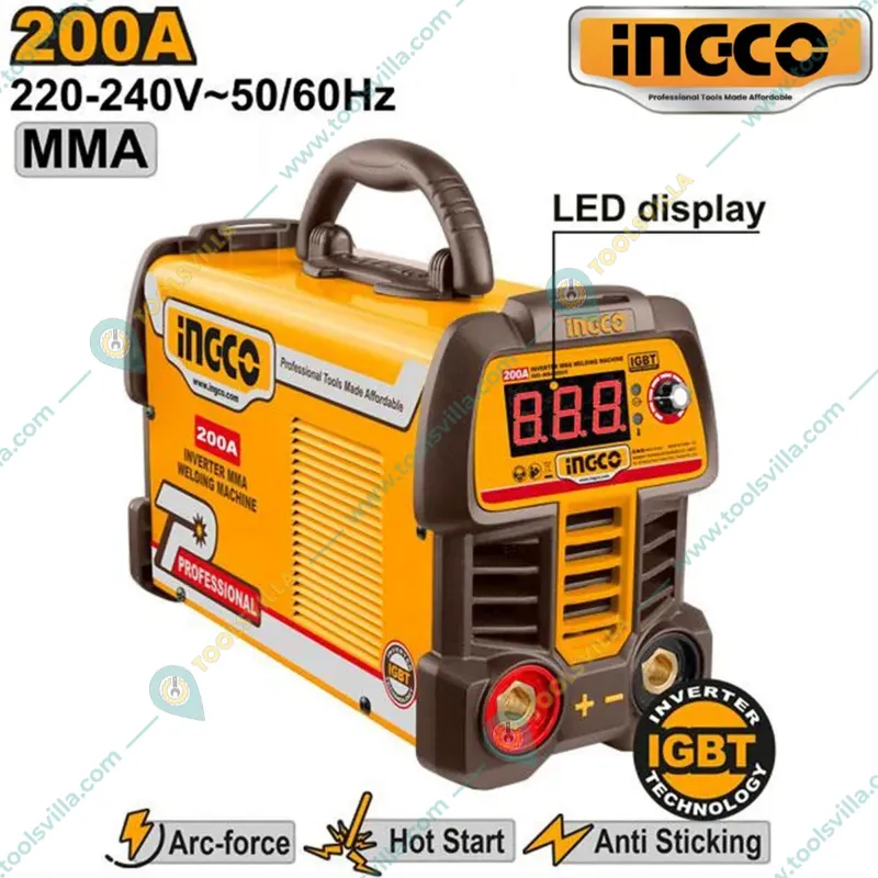 Ingco 10-200A IGBT Inverter MMA Welding Machine With Holder, Earth Clamp, Wire Brush & Helmet (ING-MMA20069)