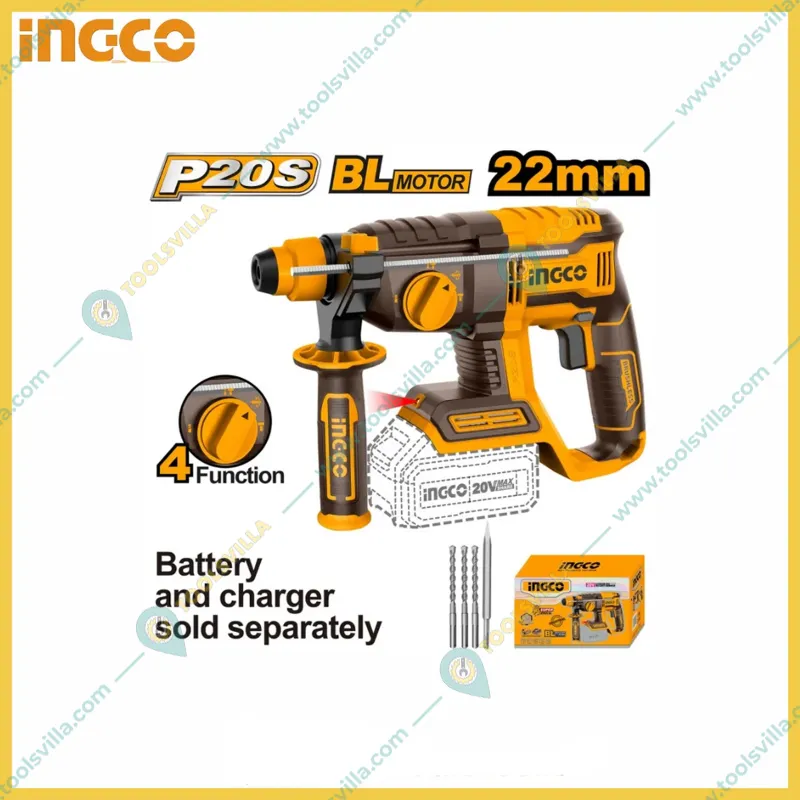 Ingco 22 mm 20V Lithium-Ion Cordless Rotary Hammer With Drill Bits, 5400 BPM (CRHLI20208)