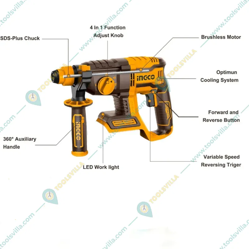 Ingco 22 mm 20V Lithium-Ion Cordless Rotary Hammer With Drill Bits, 5400 BPM (CRHLI20208)