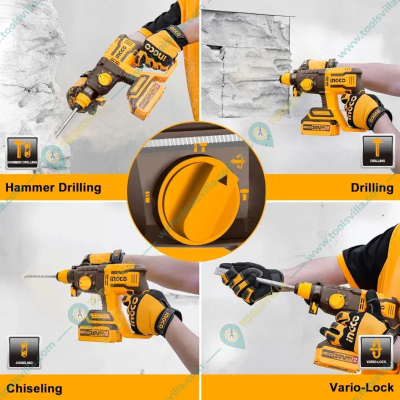 Ingco 22 mm 20V Lithium-Ion Cordless Rotary Hammer With Drill Bits, 5400 BPM (CRHLI20208)