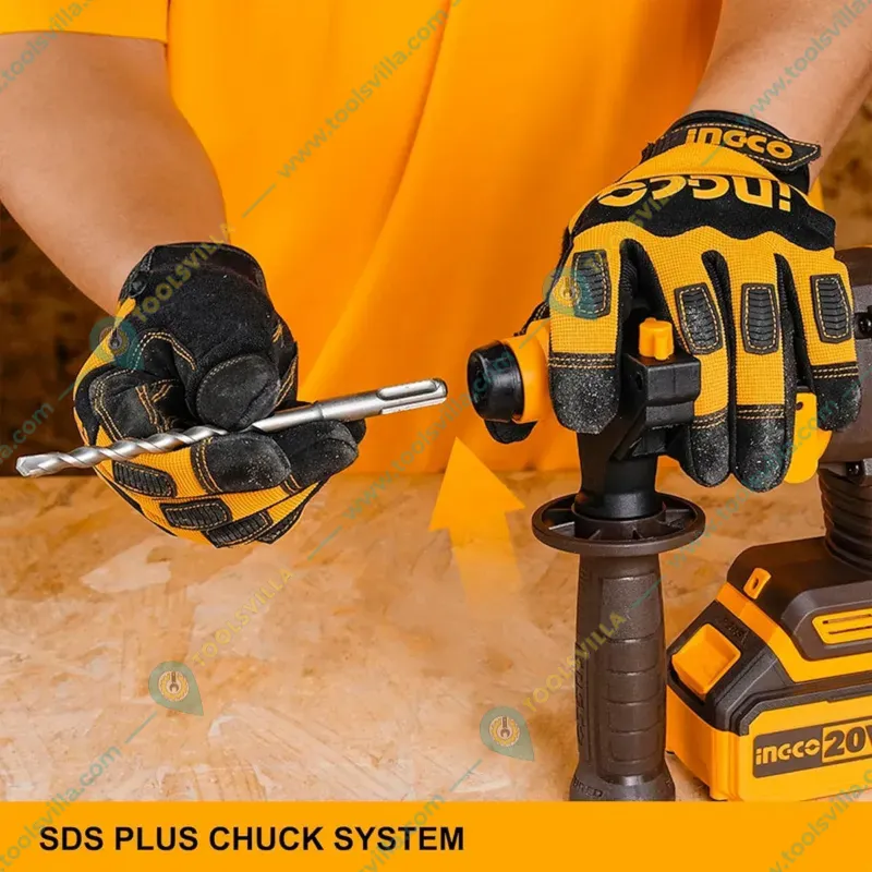 Ingco 22 mm 20V Lithium-Ion Cordless Rotary Hammer With Drill Bits, 5400 BPM (CRHLI20208)