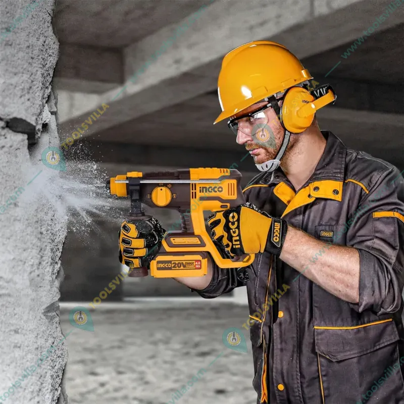 Ingco 22 mm 20V Lithium-Ion Cordless Rotary Hammer With Drill Bits, 5400 BPM (CRHLI20208)