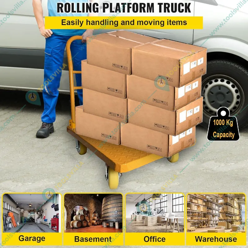 Welbuilt 1000 kg Capacity Heavy Duty Iron Platform Trolley with 360° Degree Swivel Wheels - (colour-Yellow)