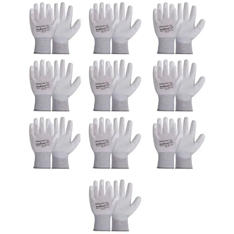 KARAM Prokut Multi Purpose White PU Coating Glove (HS 21) - Pack of 10(Size-Medium)