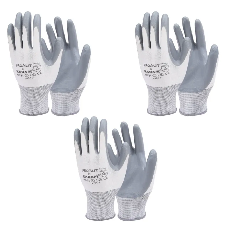 KARAM ProKut Multi Purpose Polyester With White Latex Crinkle Coating Glove (HS 31)(Size-Medium,Pack-3)