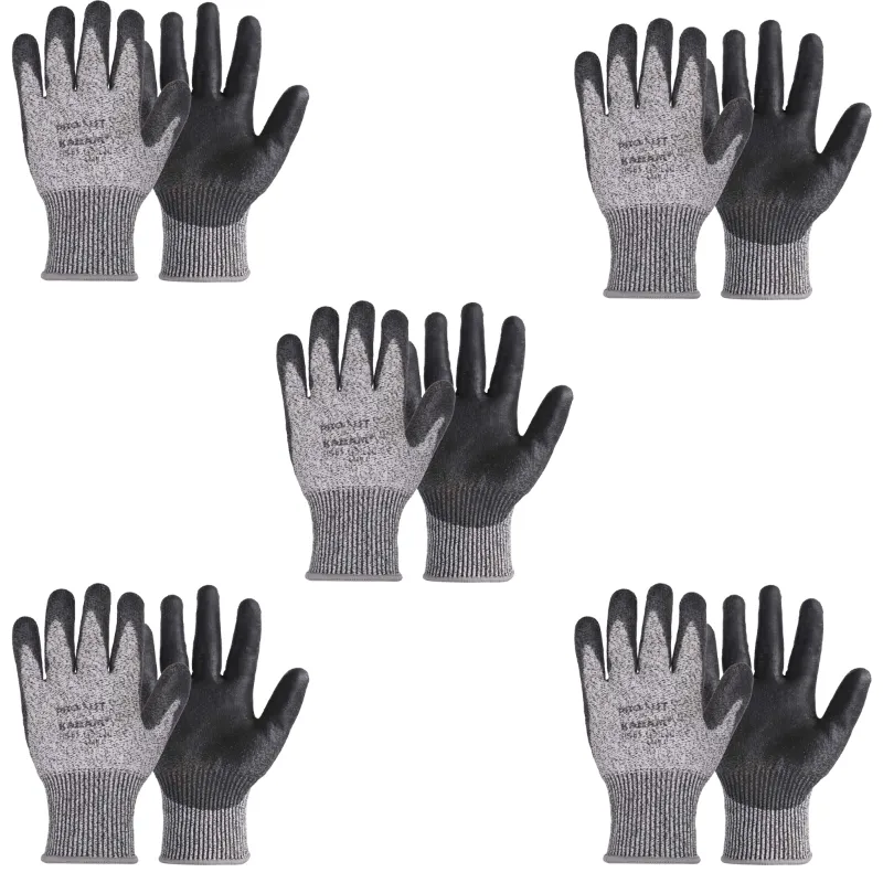 KARAM Industrial Safety Gloves, HPPE Liner With Black PU Coating (HS 51) - Pack of 5(Size-Medium)