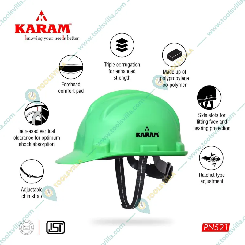 Karam ISI Marked Safety Helmet with Ratchet Type Adjustment for Outdoor Head Protection (PN 521)(Pack-3,Color-Green)