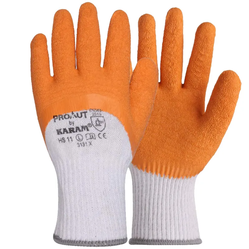Karam Prokut Polycotton Gloves, White Liner with Orange Crinkle Latex (HS11)(Size-Medium,Pack-1 Pcs)