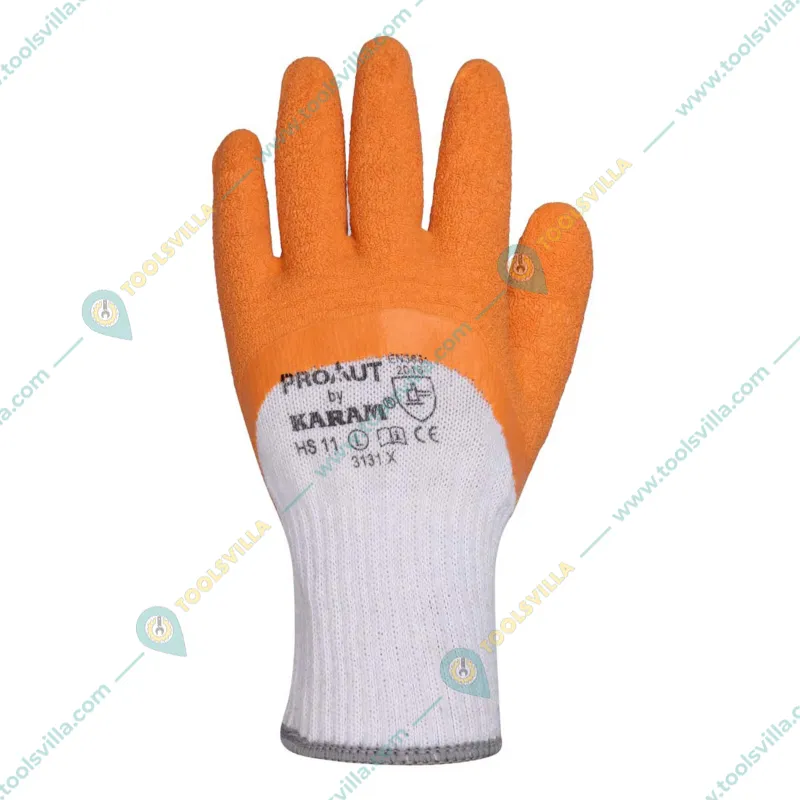 Karam Prokut Polycotton Gloves, White Liner with Orange Crinkle Latex (HS11)(Size-Medium,Pack-1 Pcs)