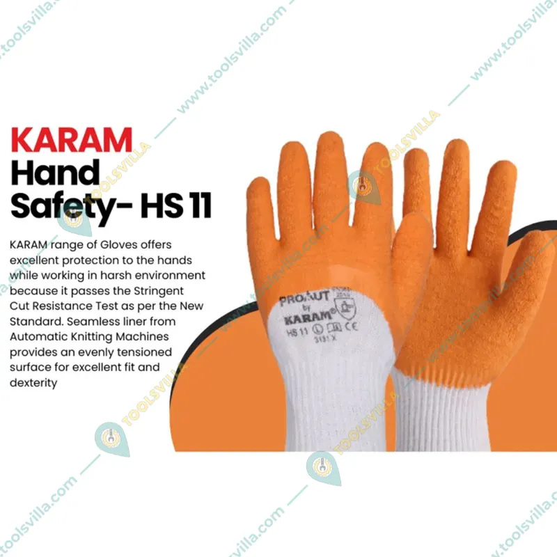 Karam Prokut Polycotton Gloves, White Liner with Orange Crinkle Latex (HS11)(Size-Medium,Pack-1 Pcs)