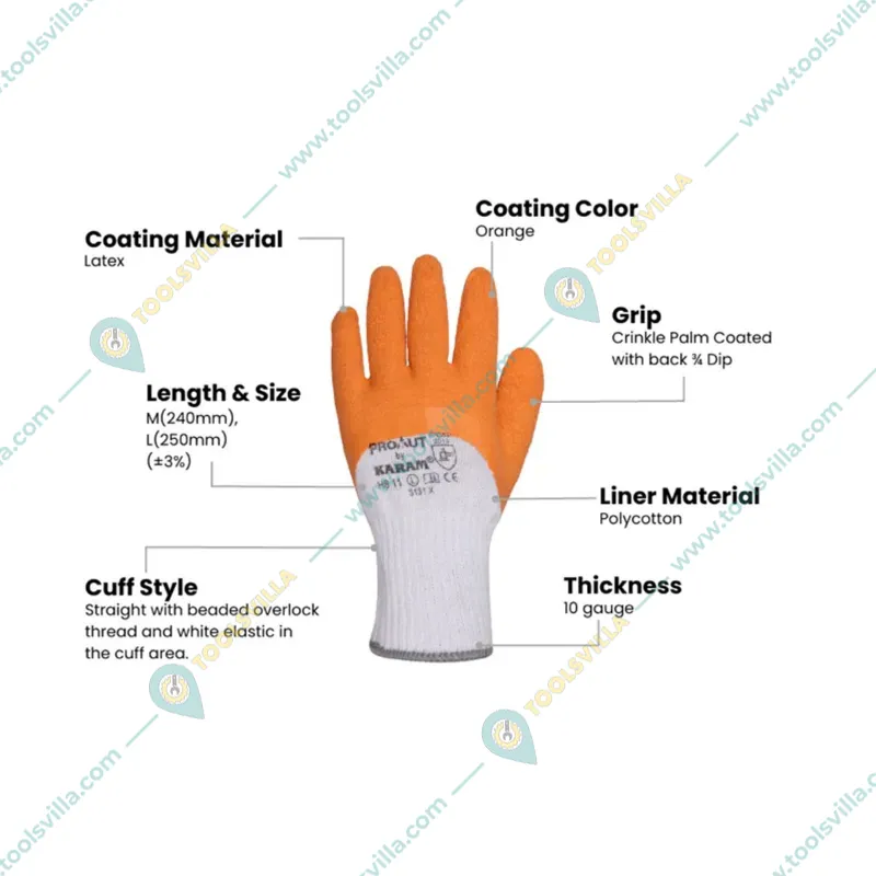 Karam Prokut Polycotton Gloves, White Liner with Orange Crinkle Latex (HS11)(Size-Medium,Pack-1 Pcs)