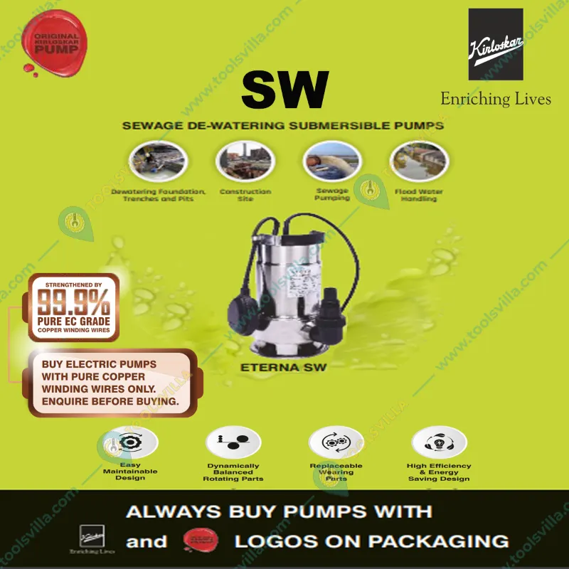 Kirloskar (Eterna 1000SW) 1.25 HP Single Phase Dewatering sewage Pump With 1 Year Warranty