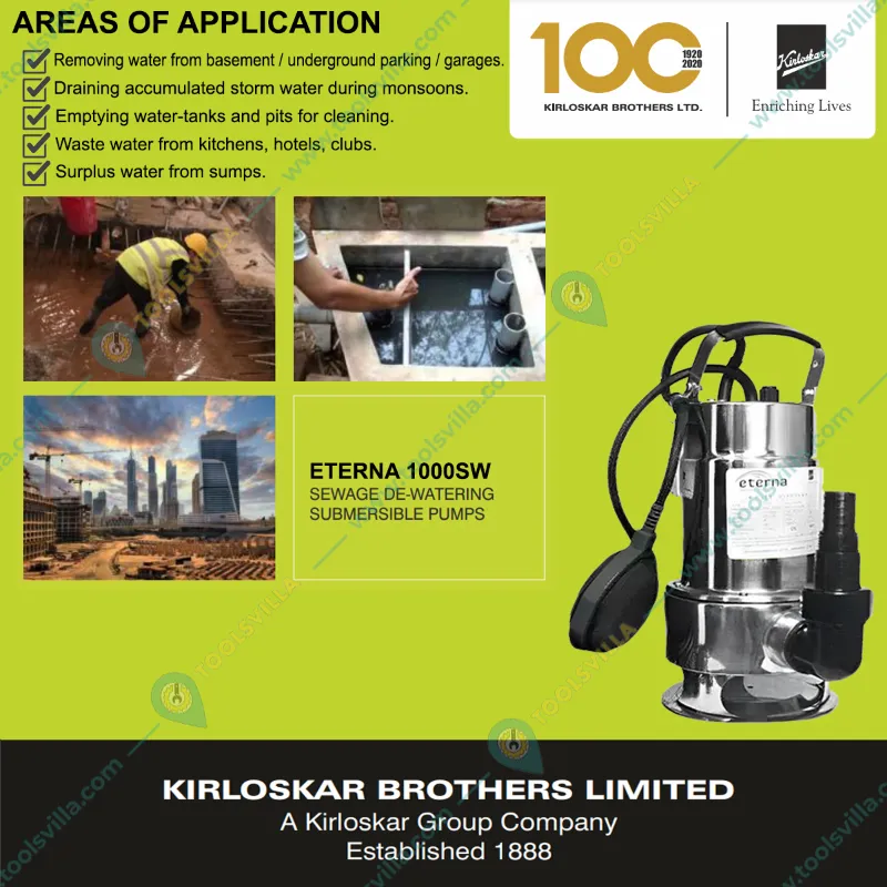 Kirloskar (Eterna 1000SW) 1.25 HP Single Phase Dewatering sewage Pump With 1 Year Warranty