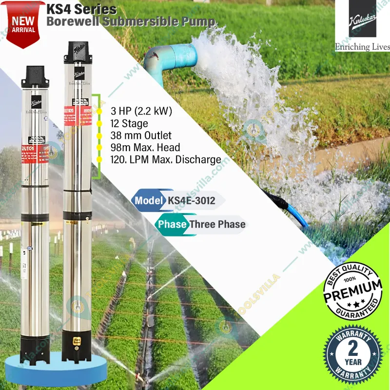 Kirloskar 3HP 12 Stage 100mm(4") 3Phase Water Filled Borewell Submersible Pump, 322ft Head- 2 Years Warranty (KS4E-3012)