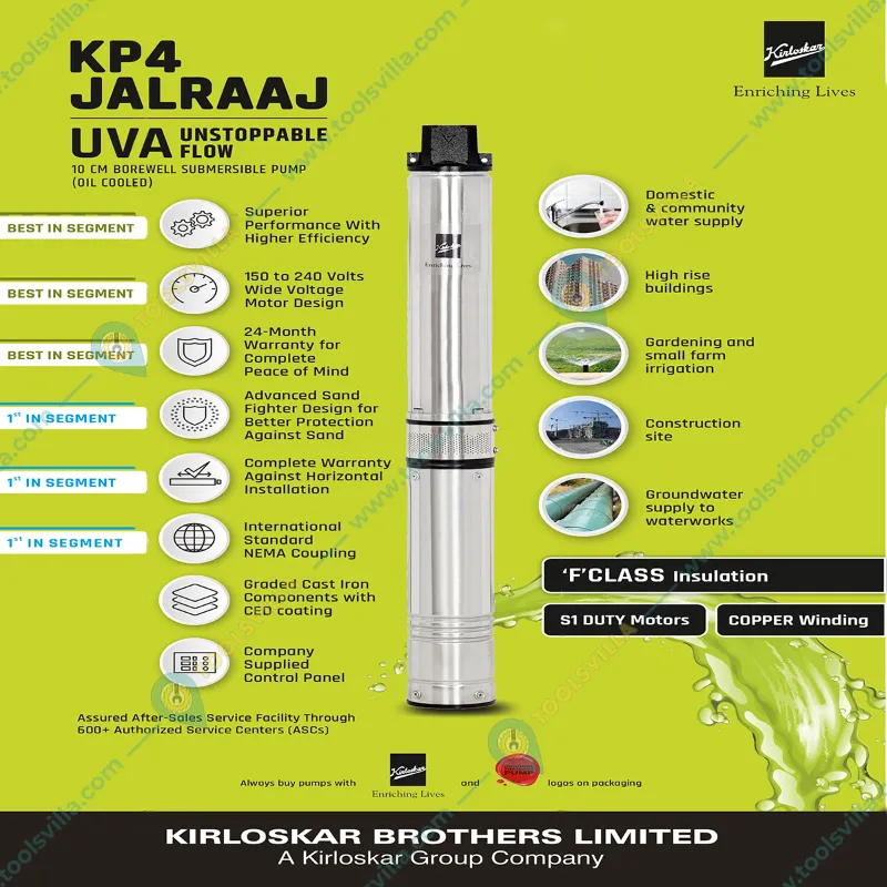 Kirloskar 1HP 6Stage 4" 1Ph Oil Filled Submersible Pump With CP, 157ft Head-1 Year Warranty (KP4 JALRAAJ UVA 60-1006 CP)