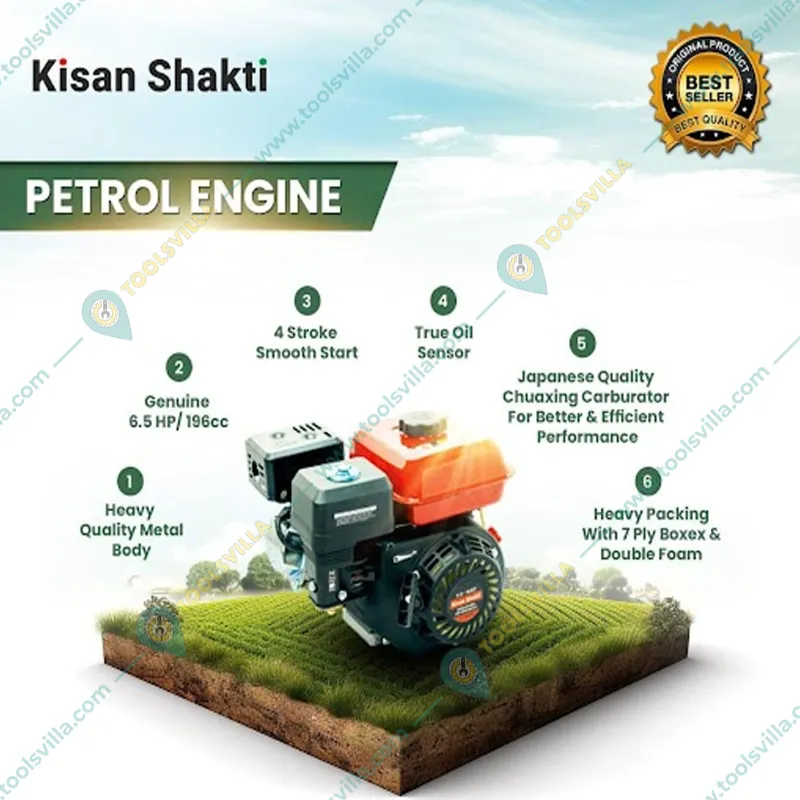 Kisan Shakti 196CC 6.5 HP 4 Stroke Single Cylinder Air Cooled Recoil Start Petrol Engine With Accessories, 3.6L Fuel Tank