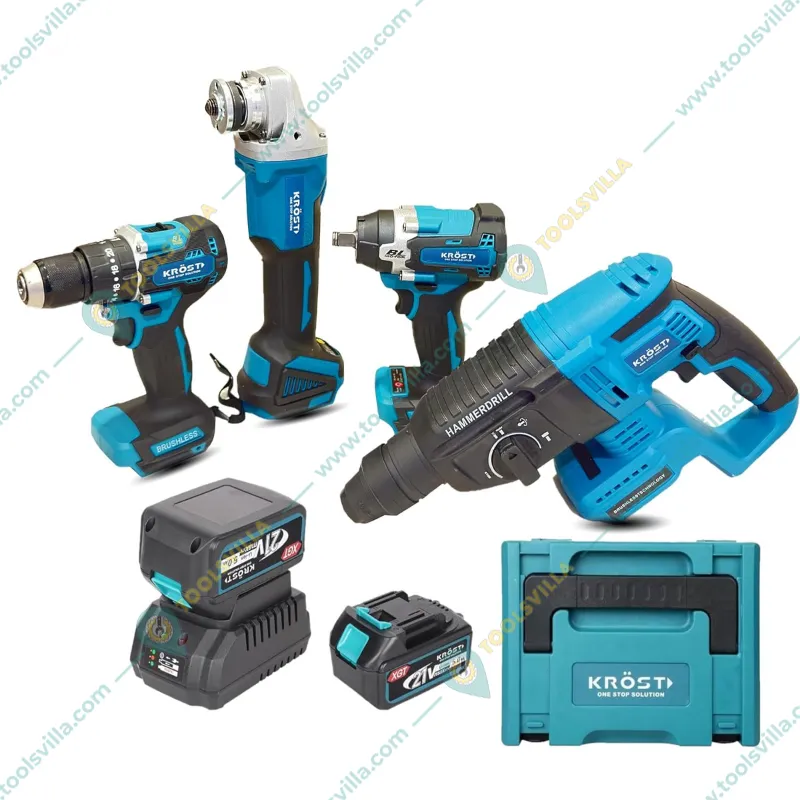 Krost 4 Pcs 21V Cordless Impact Wrench, Rotary Hammer, Metal Chuck Drill & Angle Grinder Combo Kit With Battery & Charger