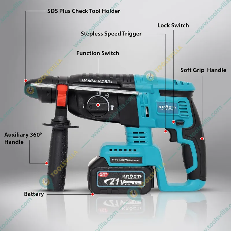 Krost 4 Pcs 21V Cordless Impact Wrench, Rotary Hammer, Metal Chuck Drill & Angle Grinder Combo Kit With Battery & Charger