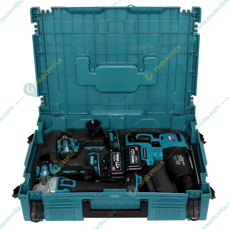 Krost 4 Pcs 21V Cordless Impact Wrench, Rotary Hammer, Metal Chuck Drill & Angle Grinder Combo Kit With Battery & Charger