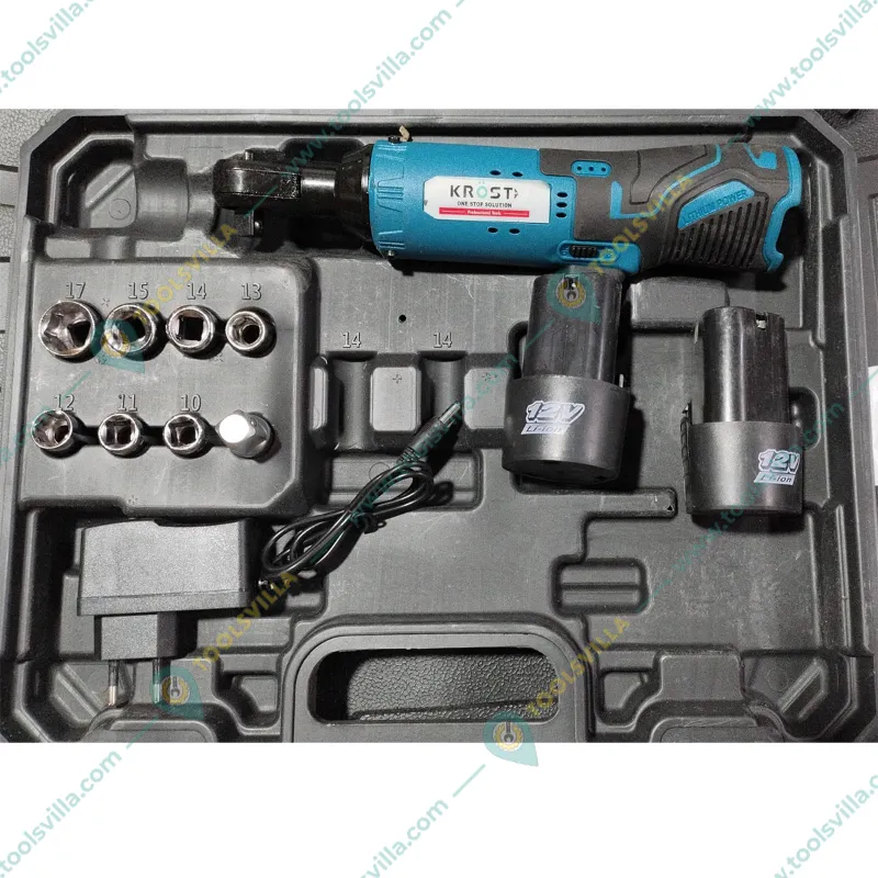 Krost 9.5 mm (3/8") 12V Cordless Ratchet Wrench with Battery, Charger & Accessories