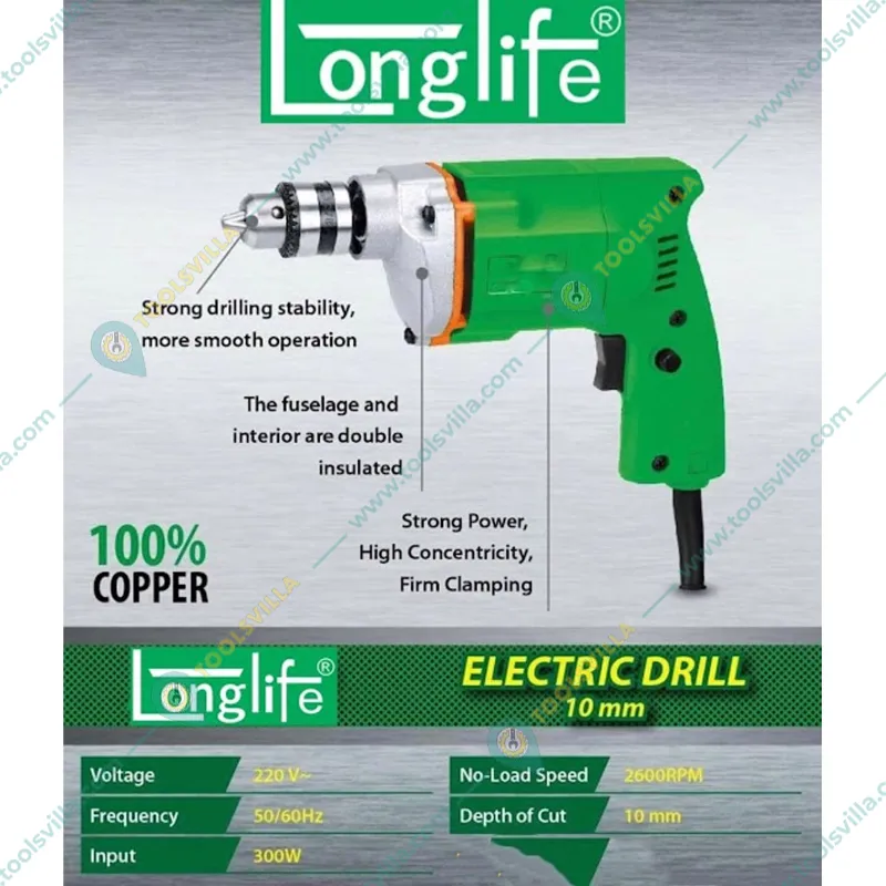 Longlife 10 mm 300 Watt Electric Drill Machine, 2600 RPM (LF-10PF)