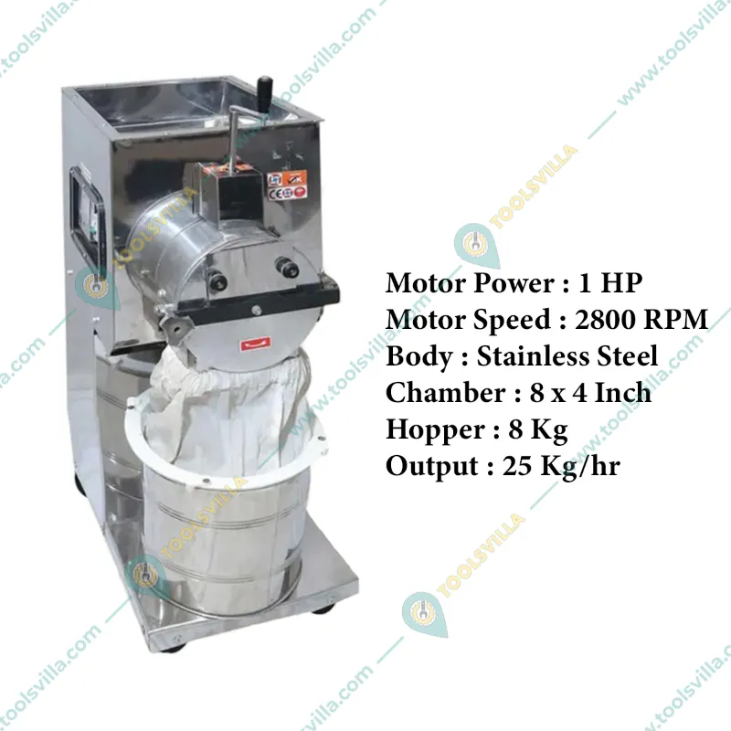 Commercial 1 HP Flour Mill/Atta Chakki 25 kg/hr, Chamber Size 8 x 4 Inch