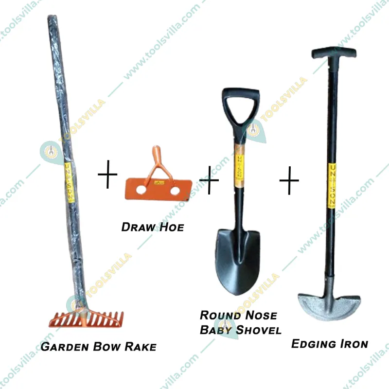 Round Nose Baby Shovel, Edging Iron, Draw Hoe, Garden Bow Rake with 48 inch Pipe Handle 12 Teeth